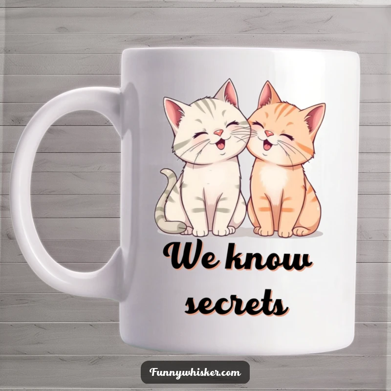 Funny mug depicting two cats with oversized, exaggerated whiskers leaning together, sharing a joyous, silent giggle with warm expressions.