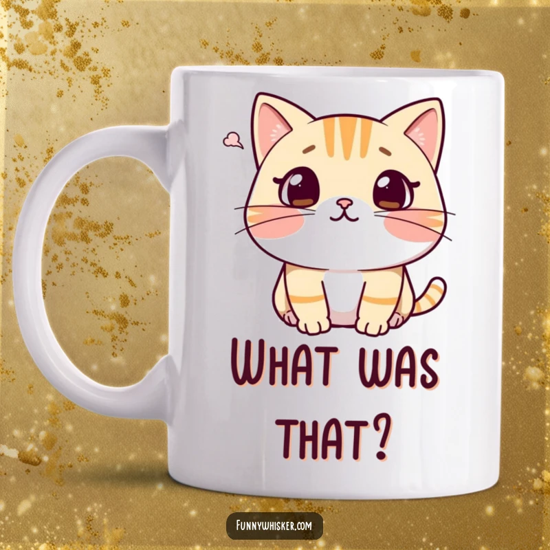 Funny surprised cat mug showing a character recoiling, whiskers pulled back from a gentle puff of air, expressing comical shock.
