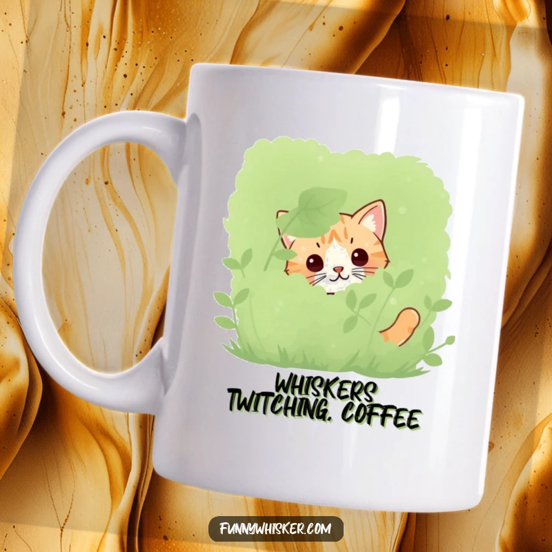 Funny peeking cat mug showcasing only twitching whiskers behind a bush, capturing feline curiosity and stealth.