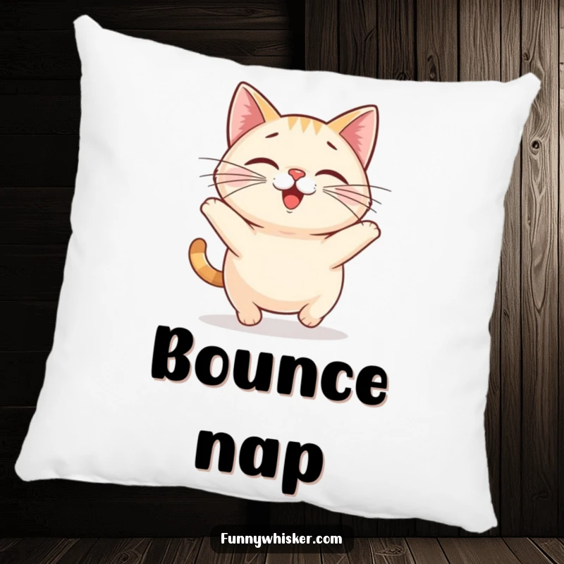 Funny cat pillow showing a small, round cat with oversized whiskers doing a happy bounce, perfect for comfort and charm.