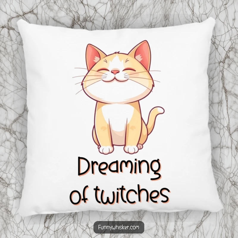 Funny cat pillow with a giant, joyful whisker twitching mid-air, soft and plush, adding whimsical feline happiness to any seating area.