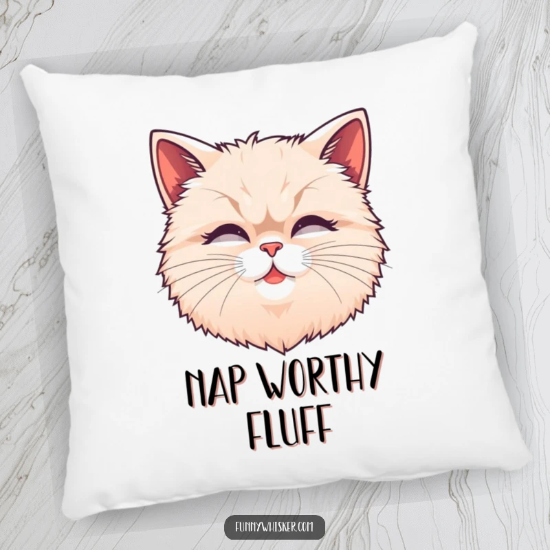 Funny fluffy cat head pillow with exaggerated, wiggling whiskers, soft and plush, adding whimsical feline charm to any seating area.