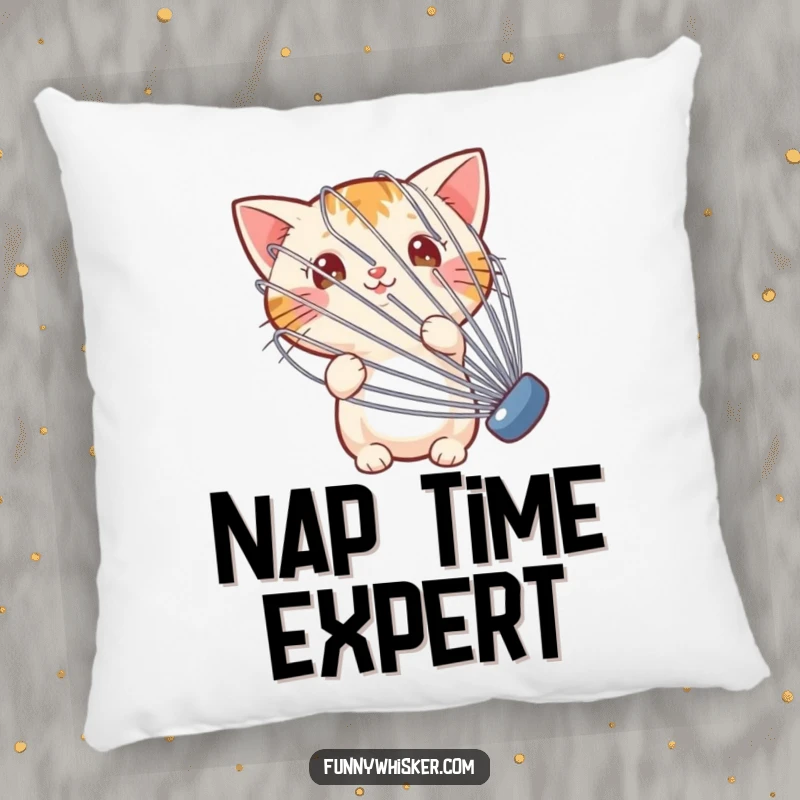 Funny pillow with a small cat peeking from behind a giant, wobbly whisk, offering comfort and a touch of humor.