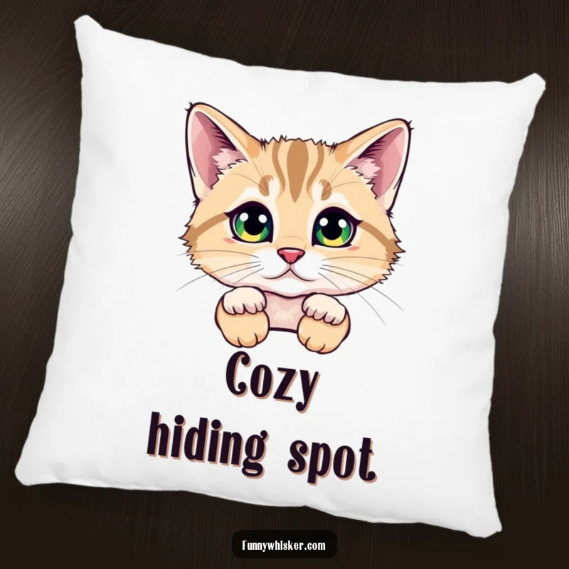 Funny pillow featuring a cat peeking from behind huge, fluffy whiskers, with sparkling eyes, offering comfort and a humorous touch of mystery.