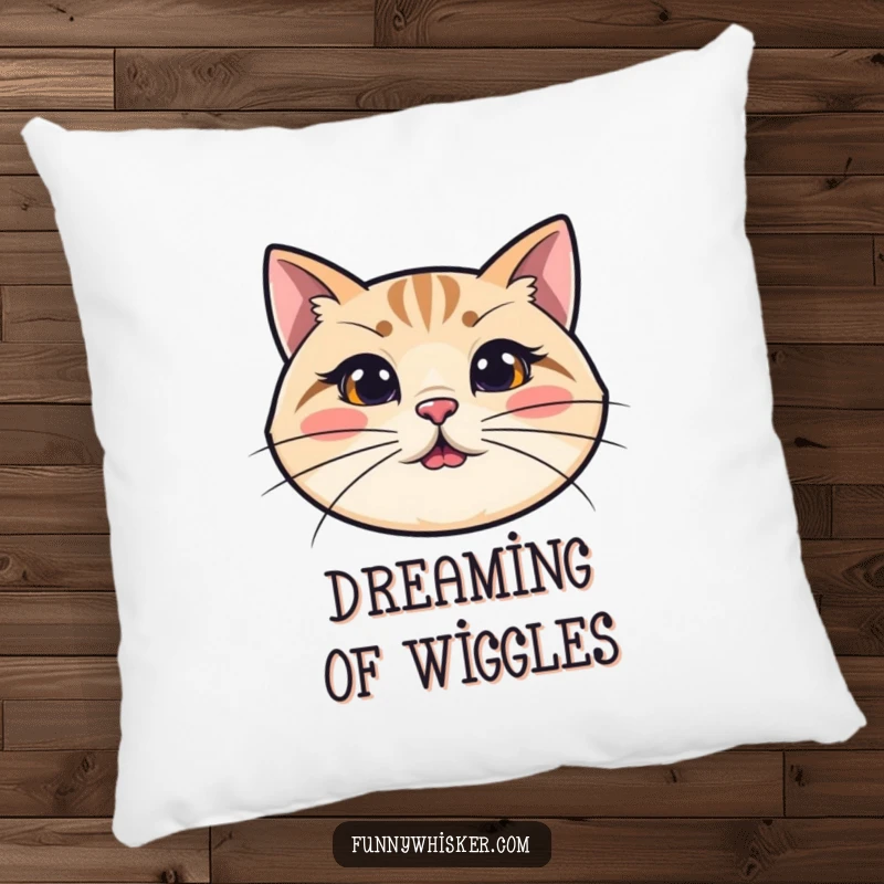 Funny cat pillow showcasing a simplified cat's head with comically long, wiggly whiskers, providing soft comfort and humorous charm.