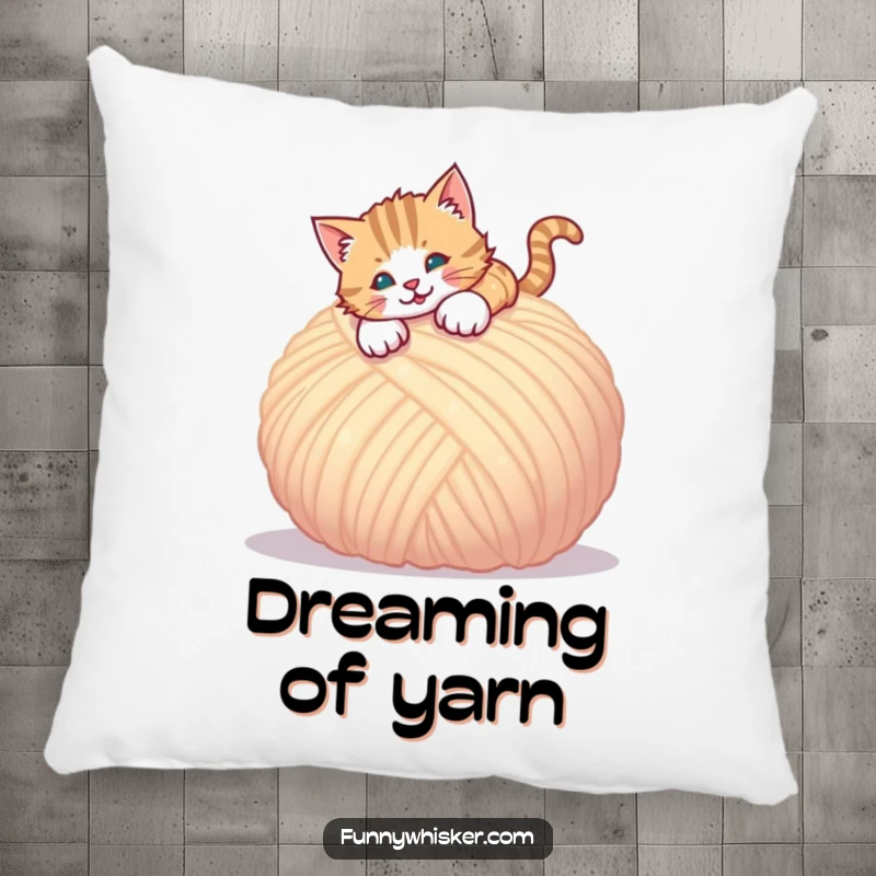 Funny pillow with a cat captured in a playful pounce, eyes fixed on a giant ball of yarn.