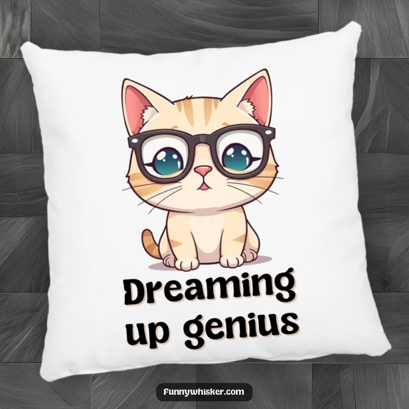 Funny cat wearing tiny spectacles perched precariously on its whiskers, providing comedic comfort on a soft pillow.