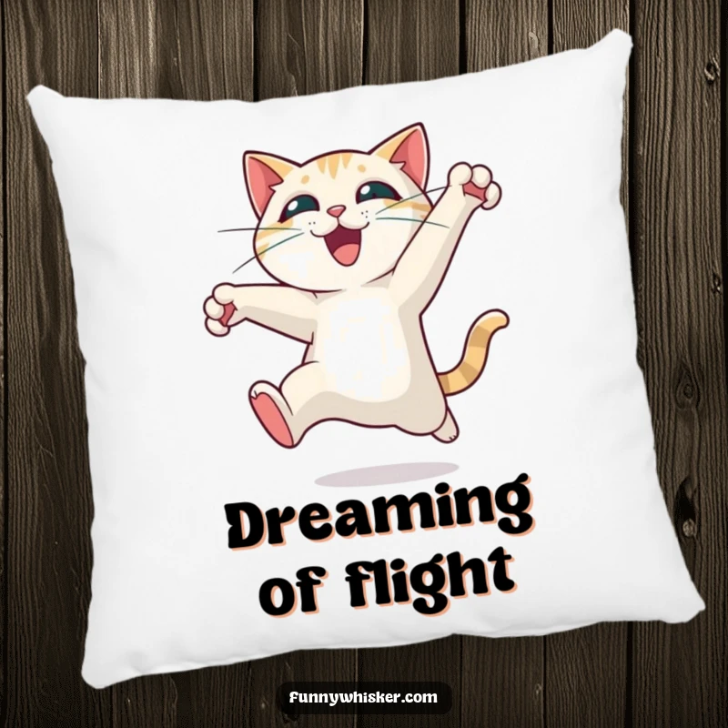 Funny cat pillow depicting a character leaping with exhilarating motion, whiskers flying wide, offering a plush, humorous comfort for your home.