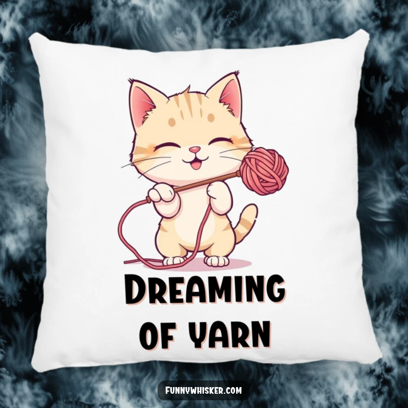Funny Pillow: A soft pillow depicting a cat character playfully batting at a suspended, fuzzy ball of yarn.