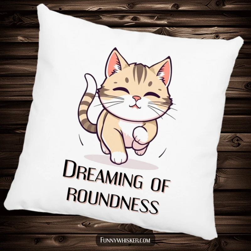 Funny pillow featuring a cat focused on chasing its tail, whiskers twitching, offering a plush symbol of playful determination.