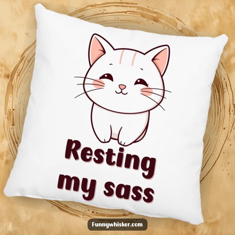 Funny pillow with a single, bold, playful curved line representing a cat whisker, providing soft comfort and minimalist, humorous style.