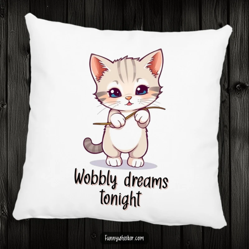 Funny kitten precariously balancing on a shaky whisker on a soft pillow, symbolizing delicate fun, a delightful funny gift.