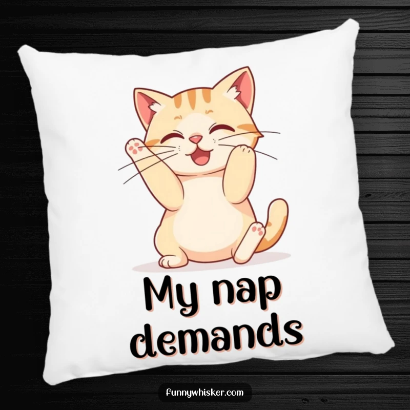 Funny pillow with a cat in an exaggerated stretch, its whiskers looking comically long, providing cozy humor.