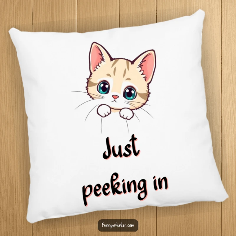 Funny pillow with a tiny cat peeking curiously from behind a massive whisker, offering comfort and a dose of lighthearted humor.