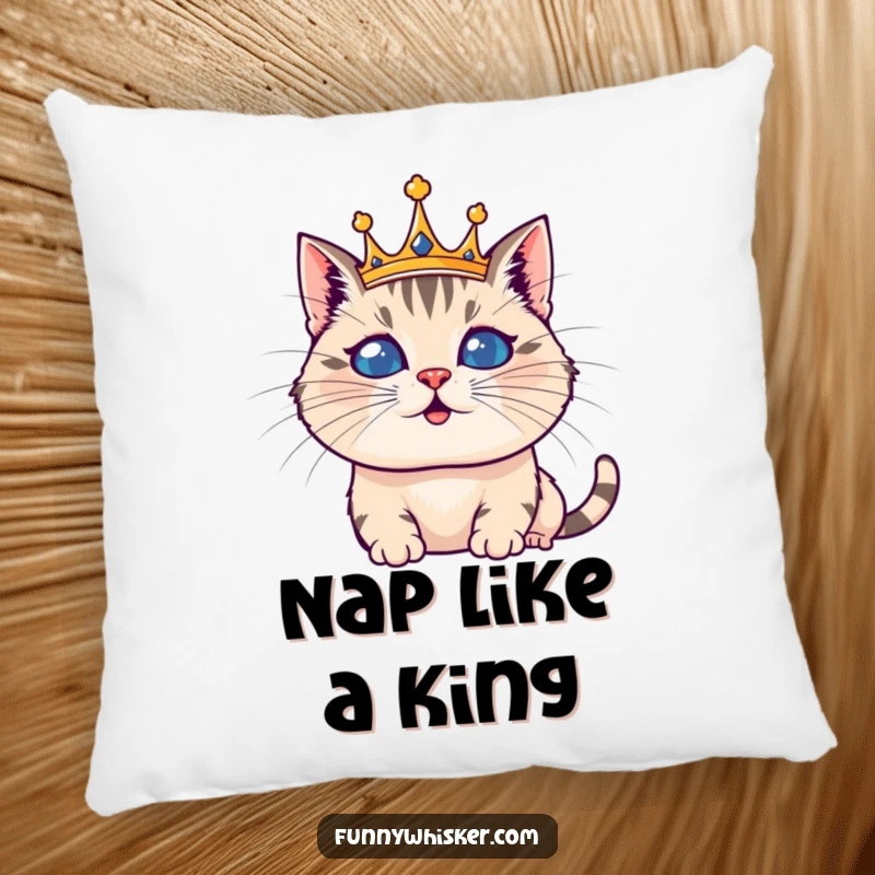 Funny pillow showcasing a cat king with a huge whisker crown, offering regal silliness and plush comfort, a cute accent.
