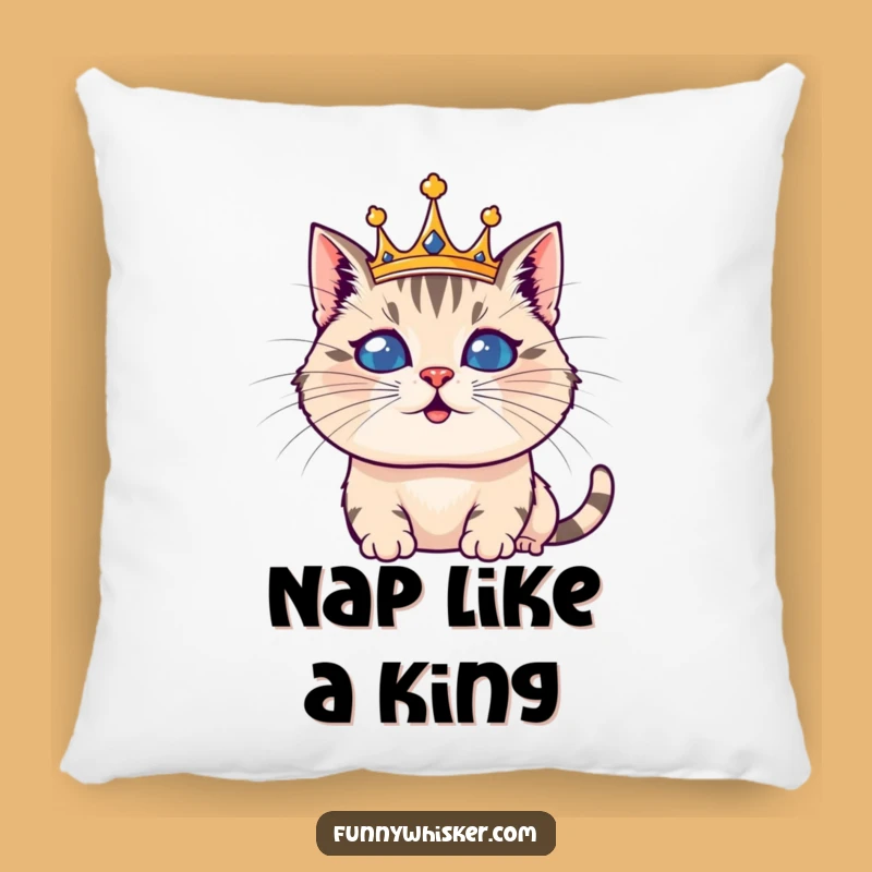Funny Whiskered Royal Cat Pillow: Silly Crown Comfort, Adorable Funny Gift