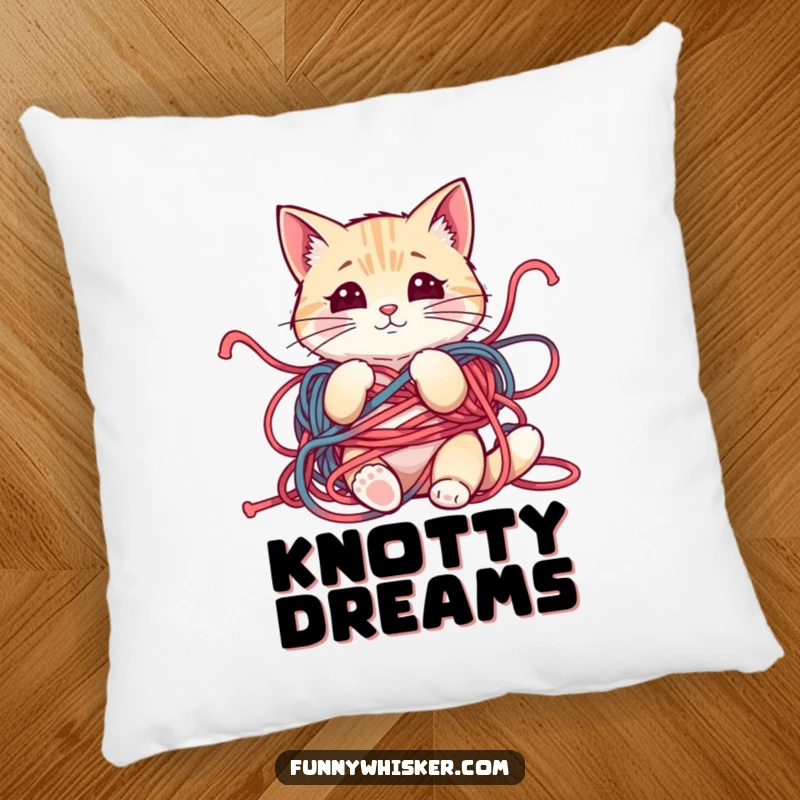 Funny pillow with a cat character hilariously tangled in yarn, whiskers askew, offering comfort and a dose of innocent mischief.