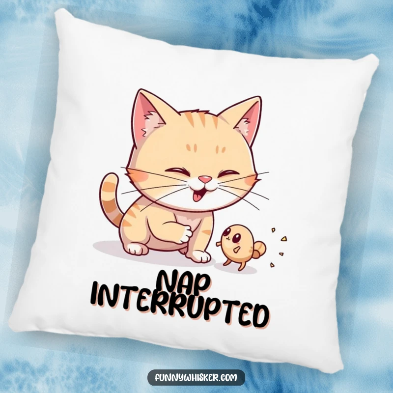 Funny pillow featuring a cat with exaggerated, wiggling whiskers, in pursuit of a tiny dust bunny, perfect for comfort.