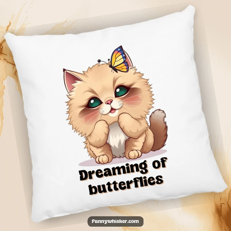 Funny Pillow featuring a fluffy cat with oversized whiskers playfully batting at a dancing butterfly, soft and cute.