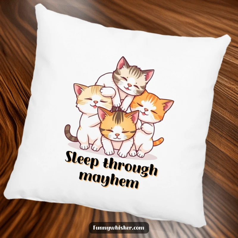 Funny pillow with three cats tumbling together in a tangled mess of whiskers, offering comfort and humor.