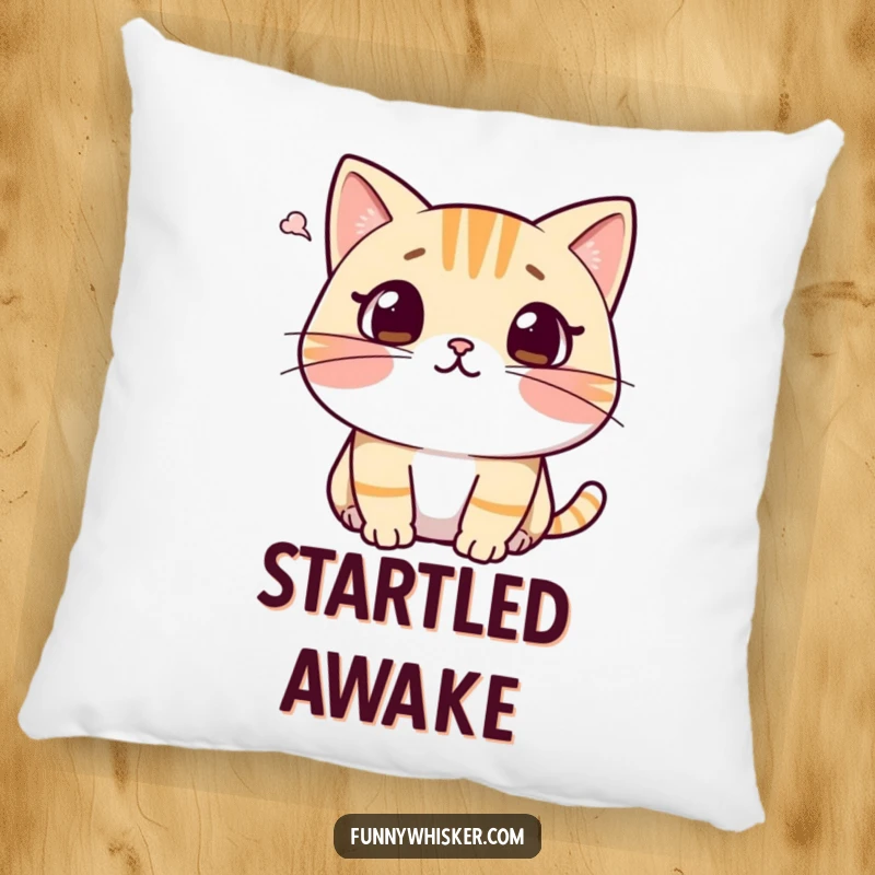 Funny cat pillow featuring a character recoiling in surprise, whiskers pulled back from a puff of air, providing soft, humorous comfort.