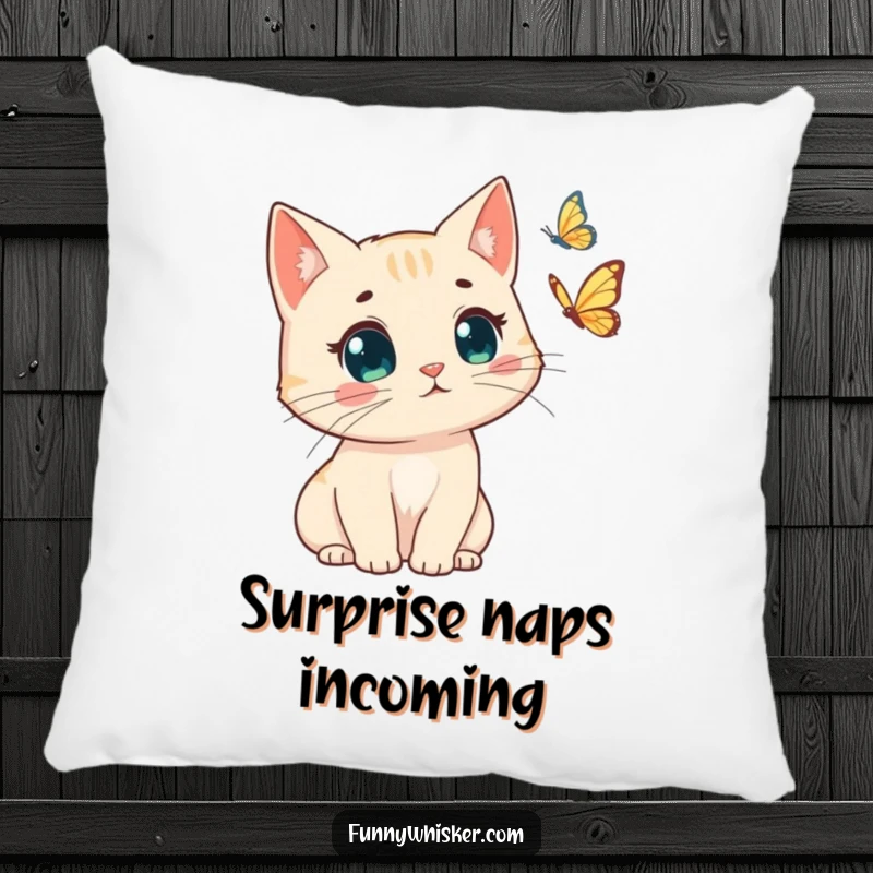 Funny decorative pillow with a cat s windswept whiskers, looking surprised at a butterfly. Soft and humorous, ideal funny gift.