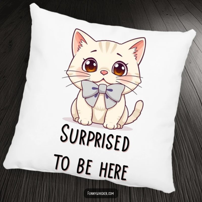 Funny pillow featuring a cat with a comically large bow on its whiskers, eyes wide with surprise.