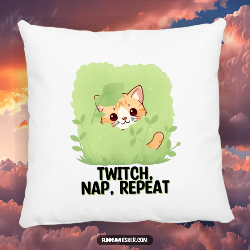 Funny cat pillow with only twitching whiskers peeking from behind a bush, providing cozy comfort and feline mystery.