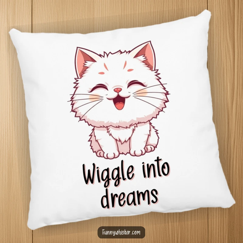 Funny Cat Pillow with a fluffy cat and exaggerated, wiggling whiskers, offering comfort and vibrant joy, an excellent funny gift.