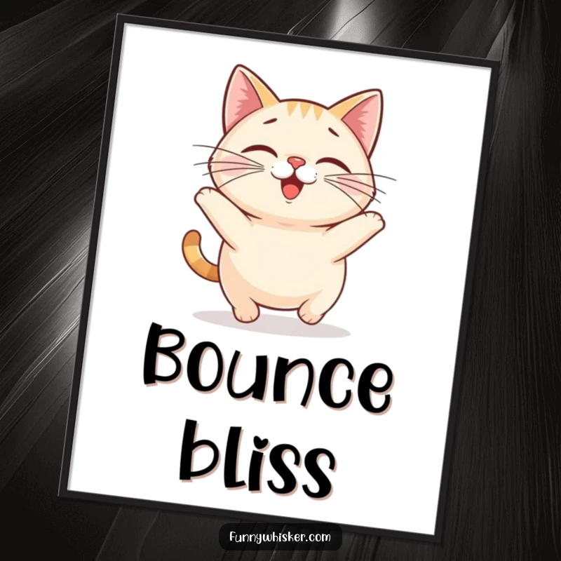 Funny digital art print of a small, round cat with exaggerated whiskers performing a happy little bounce, full of joy.