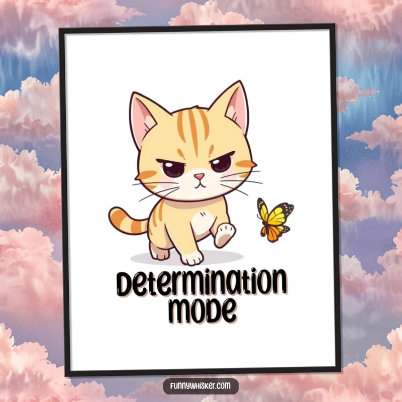 Funny cat digital art print of a determined character, whiskers forward, chasing an elusive butterfly, bringing focused energy to wall decor.