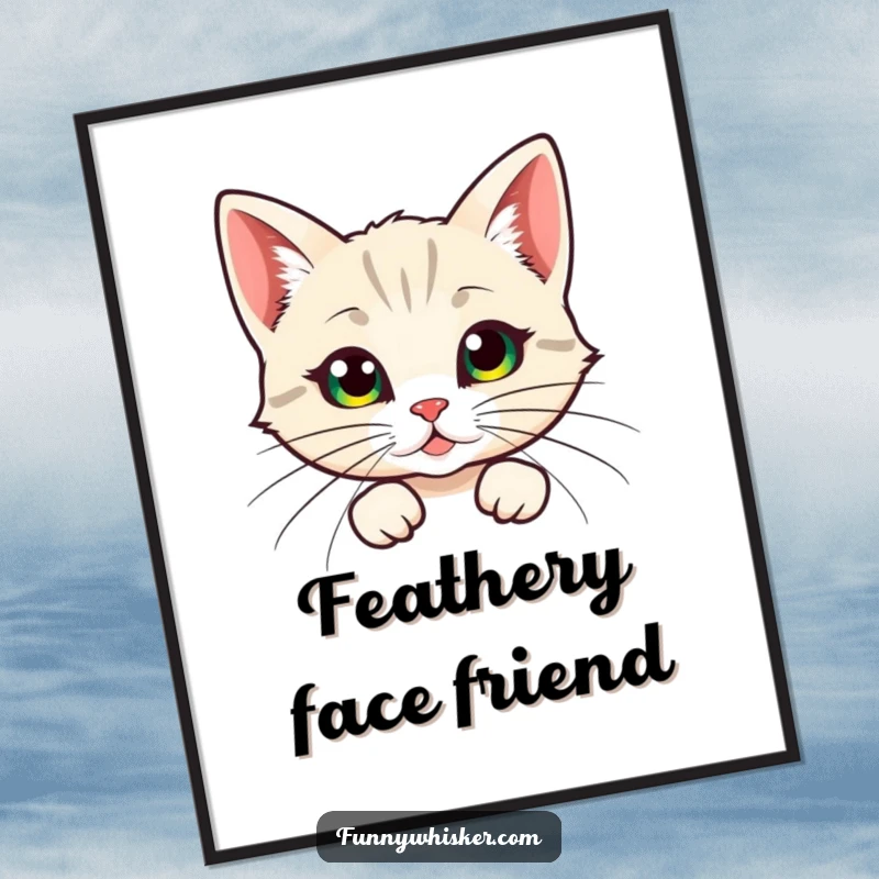 Funny digital art print, a cat character humorously peeking from behind large, feathery whiskers, bringing whimsical mystery to digital decor.