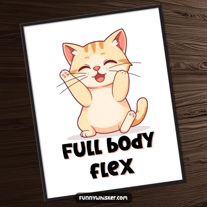 Funny digital art print of a cat in a full stretch, with elongated whiskers adding to the silliness.