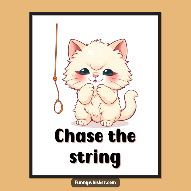 Funny Cat Digital Art: Fluffy String Batting - Instant Humorous Download!