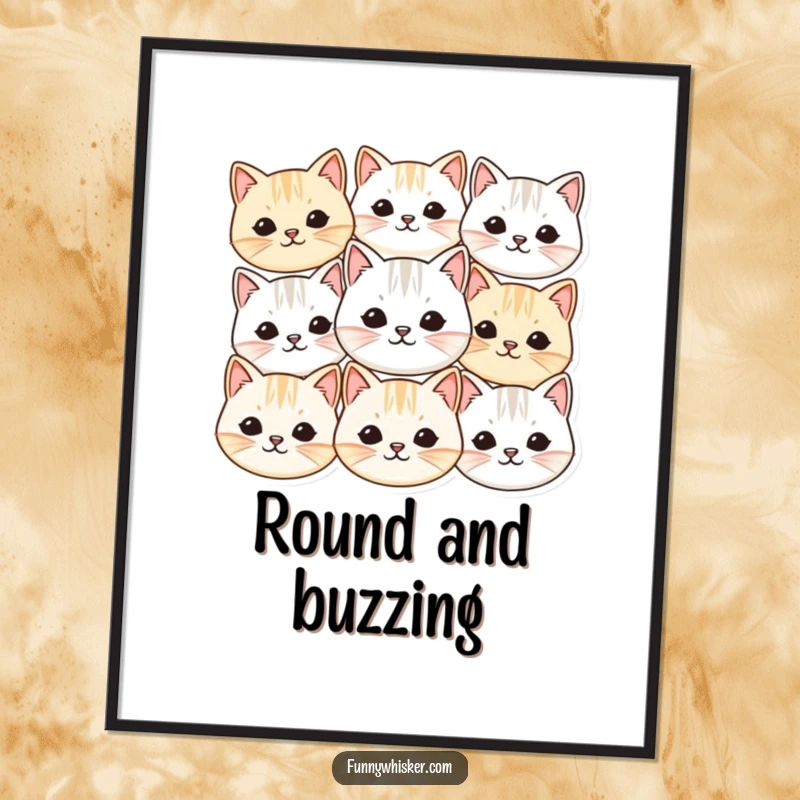 Funny digital art print with multiple small, round cat faces and vibrating whiskers, creating a cute and humorous feline-themed wall piece.