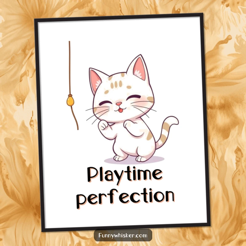 Funny digital art print of a cat with large whiskers batting at a dangling string, creating a playful and humorous visual for home decor.