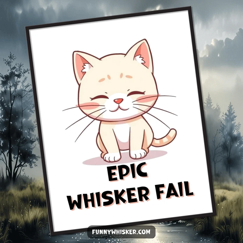 Funny digital art print of a cat character with comically long whiskers tripping over its own feet, embodying adorable clumsiness and feline humor.