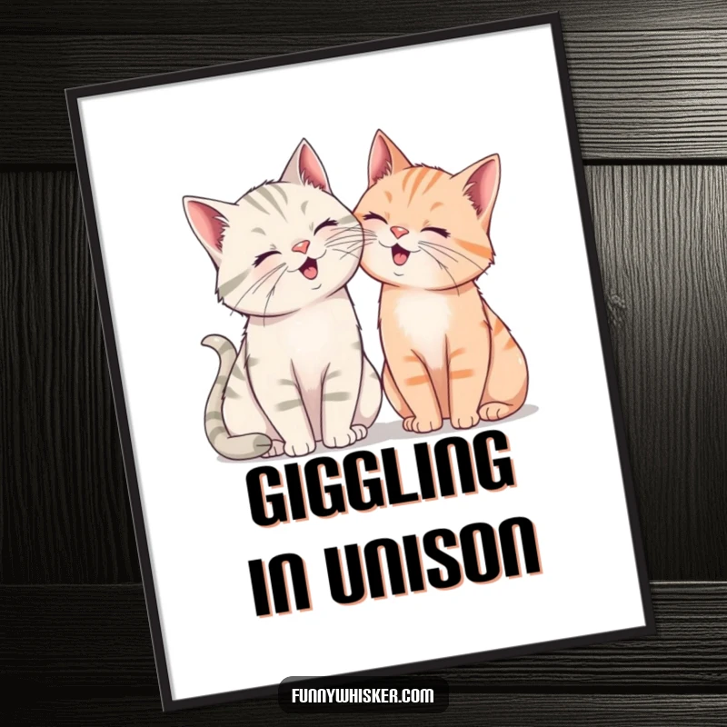 Funny digital art print of two cats with exaggerated whiskers leaning close, sharing a silent, joyful giggle, creating a heartwarming scene.