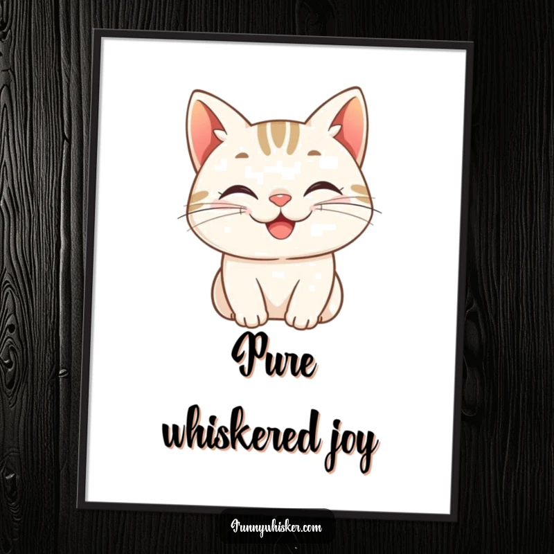 Funny digital art print, a cat character with whiskers curled into a cheerful grin, bringing infectious happiness and vibrant joy to decor.