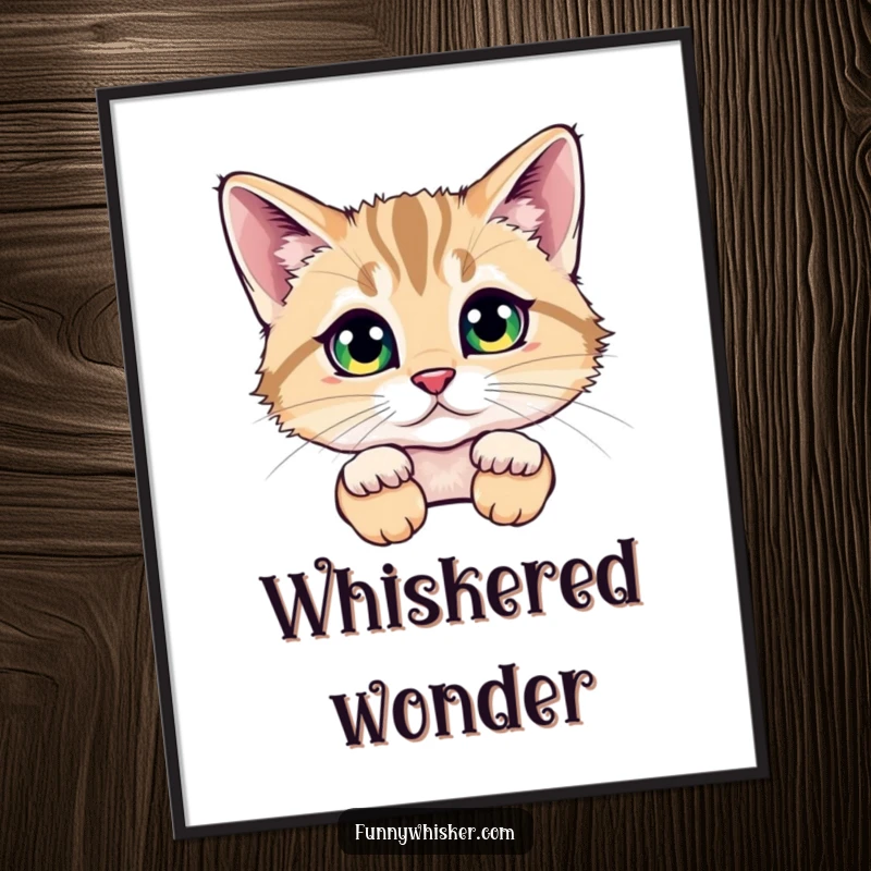 Funny digital art print of a cat peeking from behind huge, fluffy whiskers, with sparkling eyes, creating a playful and charming visual.