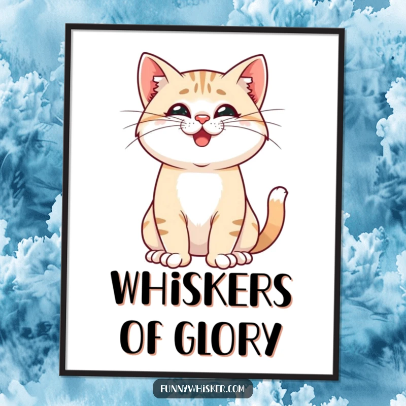 Funny digital art print of a proud cat striking a pose with playfully twitching whiskers, perfect for instant download and confident, humorous decor.