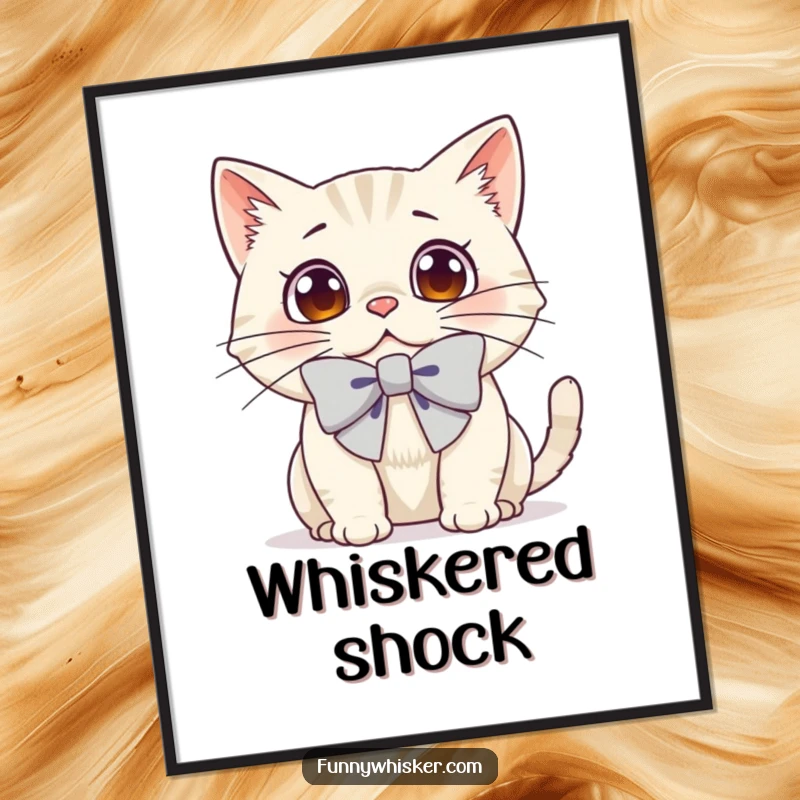 Funny digital art print of a cat with an oversized bow on its whiskers, wide-eyed with comical surprise.