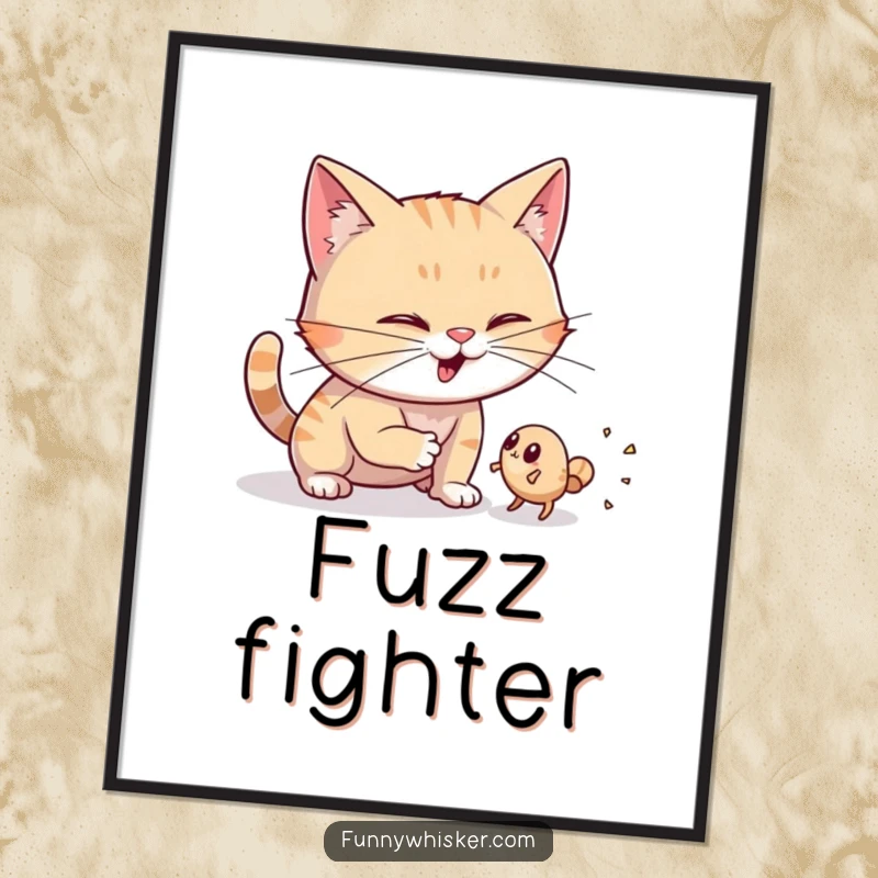 Funny digital art print of a cat with wiggling whiskers, humorously trying to catch a tiny animated dust bunny, for download.