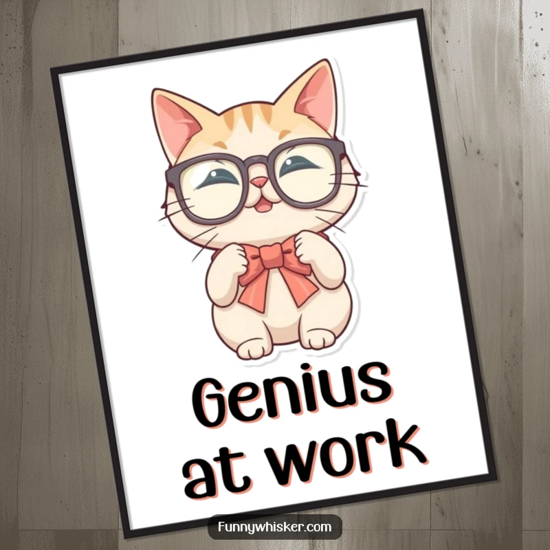 Funny digital art print of a cat in large glasses trying to tie a bow tie with its whiskers, whimsical decor.