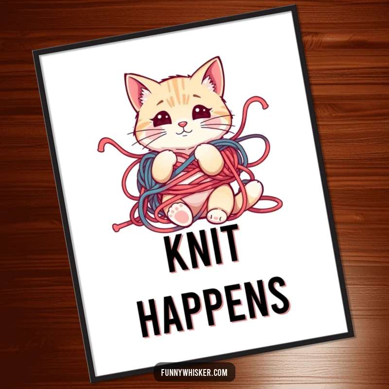 Funny digital art print of a cat character tangled in yarn, whiskers askew, exuding innocent mischief, for immediate download.