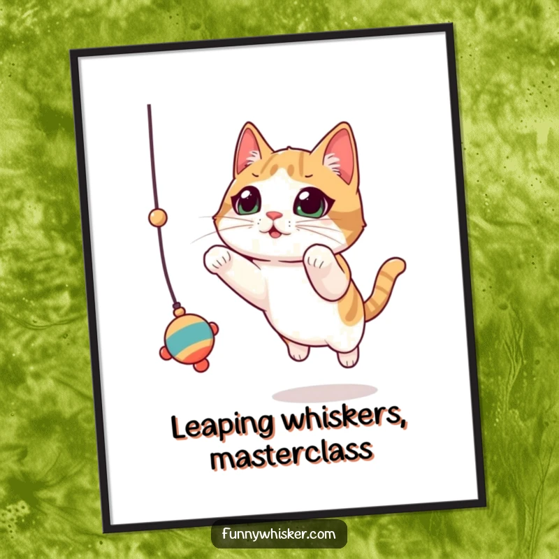 Funny Cat Digital Art Print: Cat with exaggerated, twitching whiskers leaps for a dangling toy, humorous wall decor.