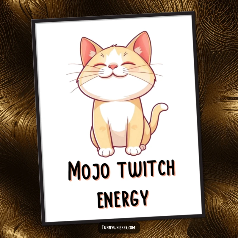 Funny cat digital art print with a giant, joyful whisker twitching mid-air, ready to bring adorable feline happiness anywhere.