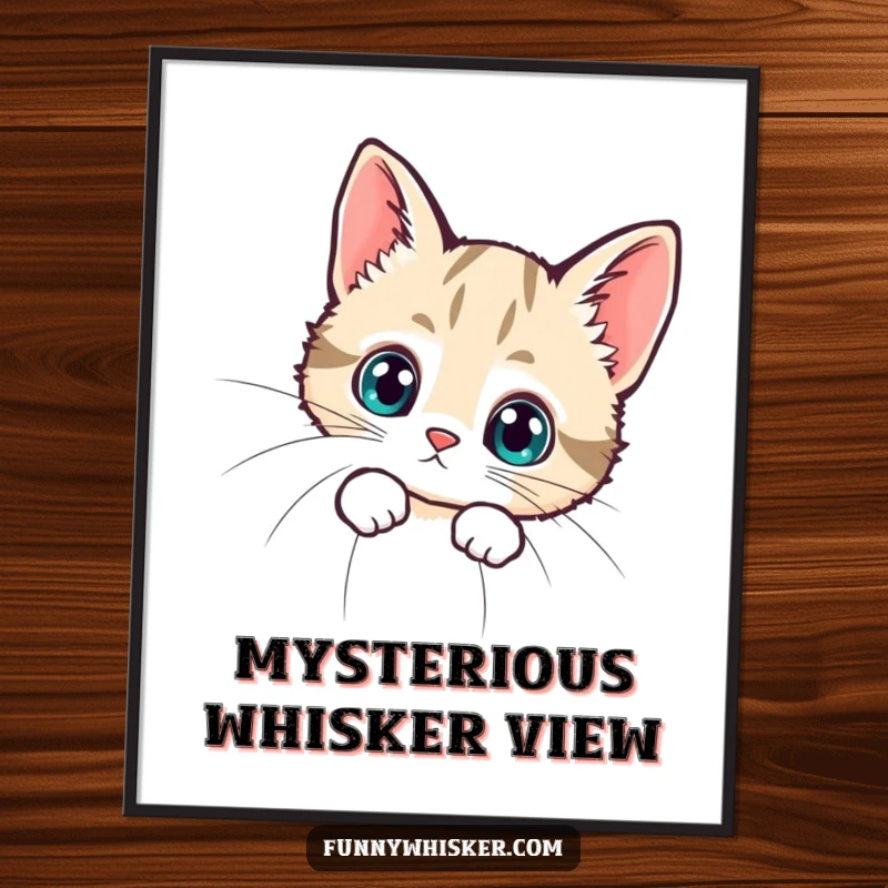 Funny digital art print of a tiny cat peeking curiously from behind a giant whisker, perfect for whimsical home decor.