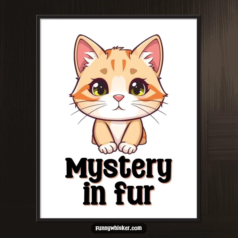 Funny cat digital art of a curious character peeking from behind a large, fuzzy whisker, perfect for home decor.