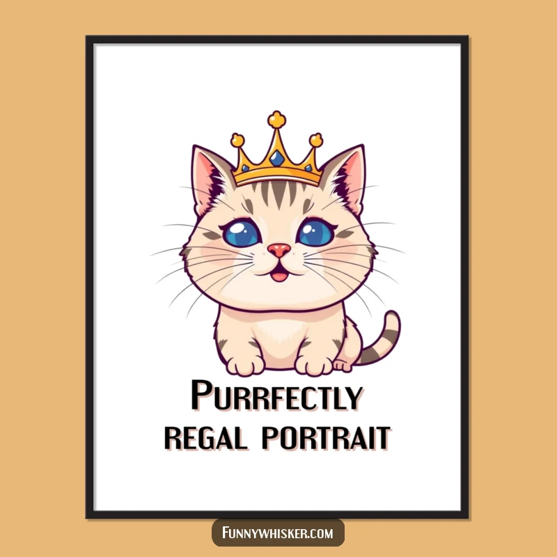 Funny Regal Cat Digital Print: Silly Whiskered Crown Art, Downloadable Funny Gift